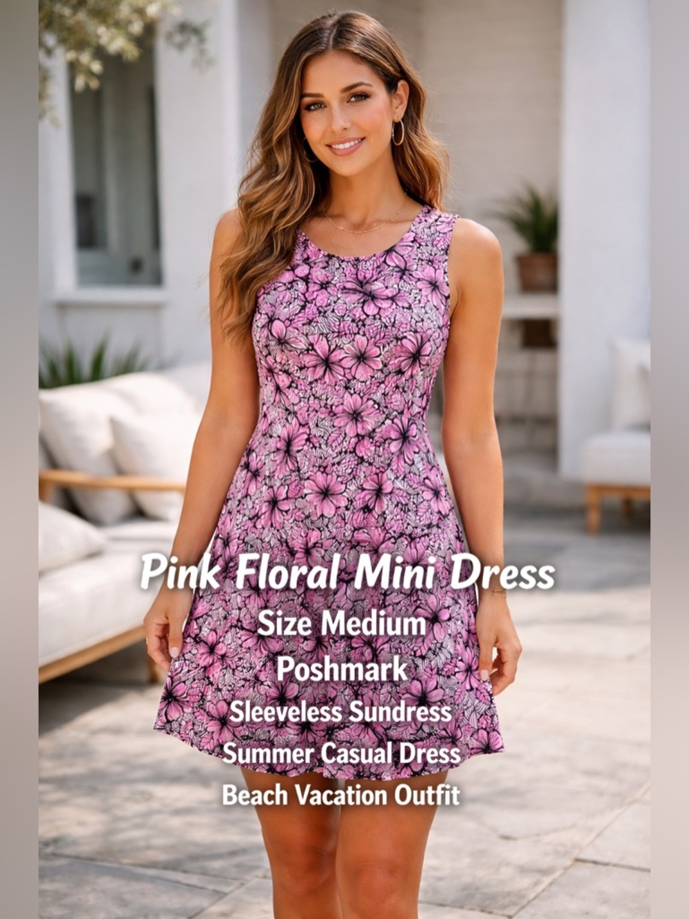 Blue Ginger Sleeveless Pink Floral Shift Dress MEDIUM Cottagecore Beach Casual